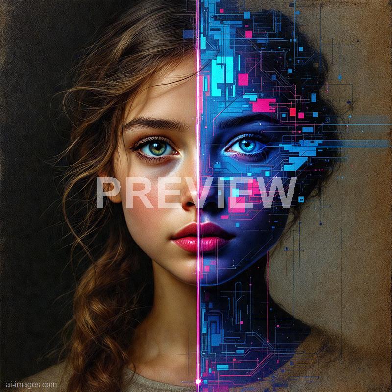 The image features a young woman with long, wavy brown hair and striking green eyes. Her face is split down the middle: the left side appears natural with smooth skin and makeup, while the right side is digitally manipulated with a futuristic, cybernetic overlay consisting of glowing blue and pink circuit-like patterns, giving a high-tech, sci-fi appearance. The background is neutral and unobtrusive, emphasizing the contrast between the two halves of her face.